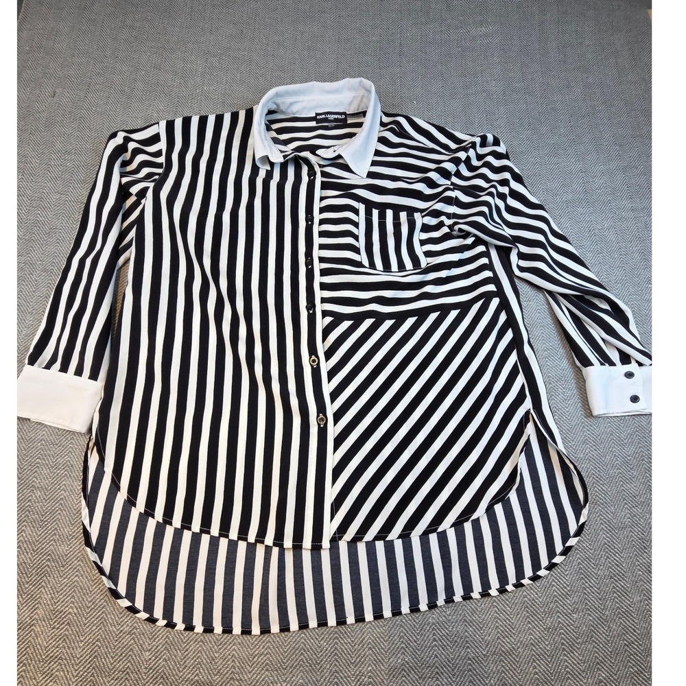 Karl Lagerfeld Paris Black White Mixed Stripe High-Low Blouse L